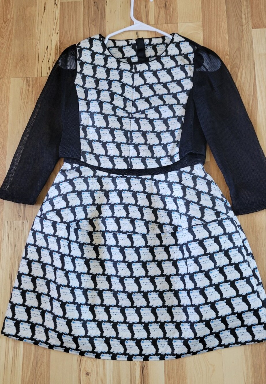 Black & White Printed Dress with Black Mesh Sleeves And Cat Printed